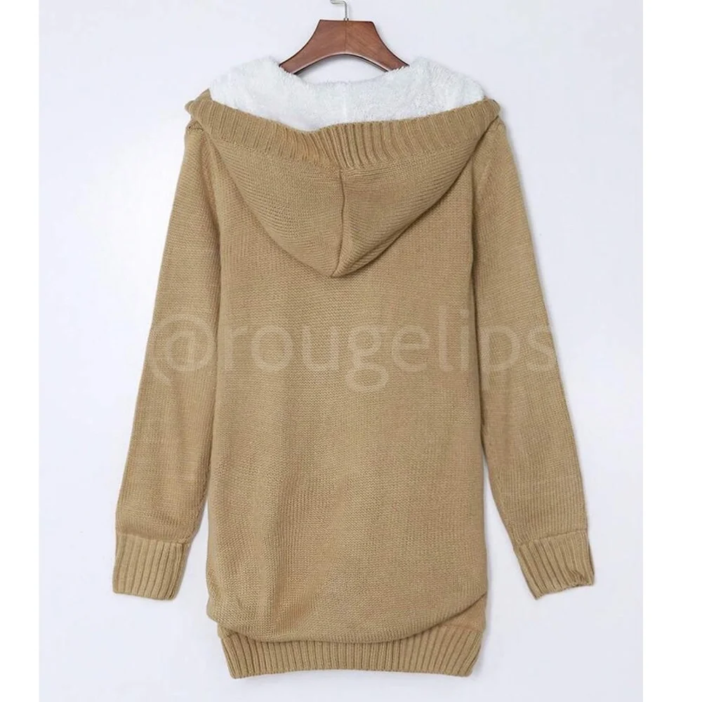 Pink Sherpa Knit Hooded Cardigan Front Pockets Long Sleeves Hip Length - Picture 9 of 17